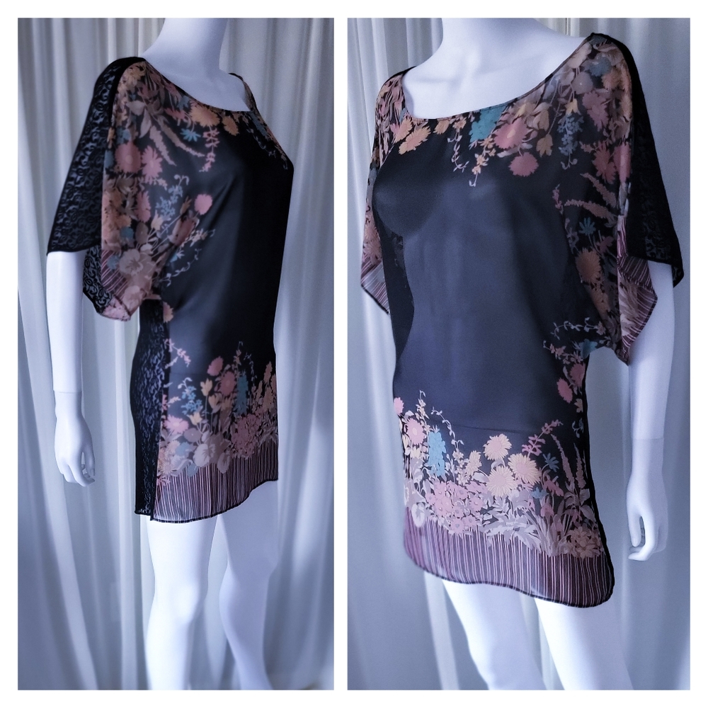 Free People Blouse • Sheer Floral Top • Mini Dress • Black Lace • Oversized S-M